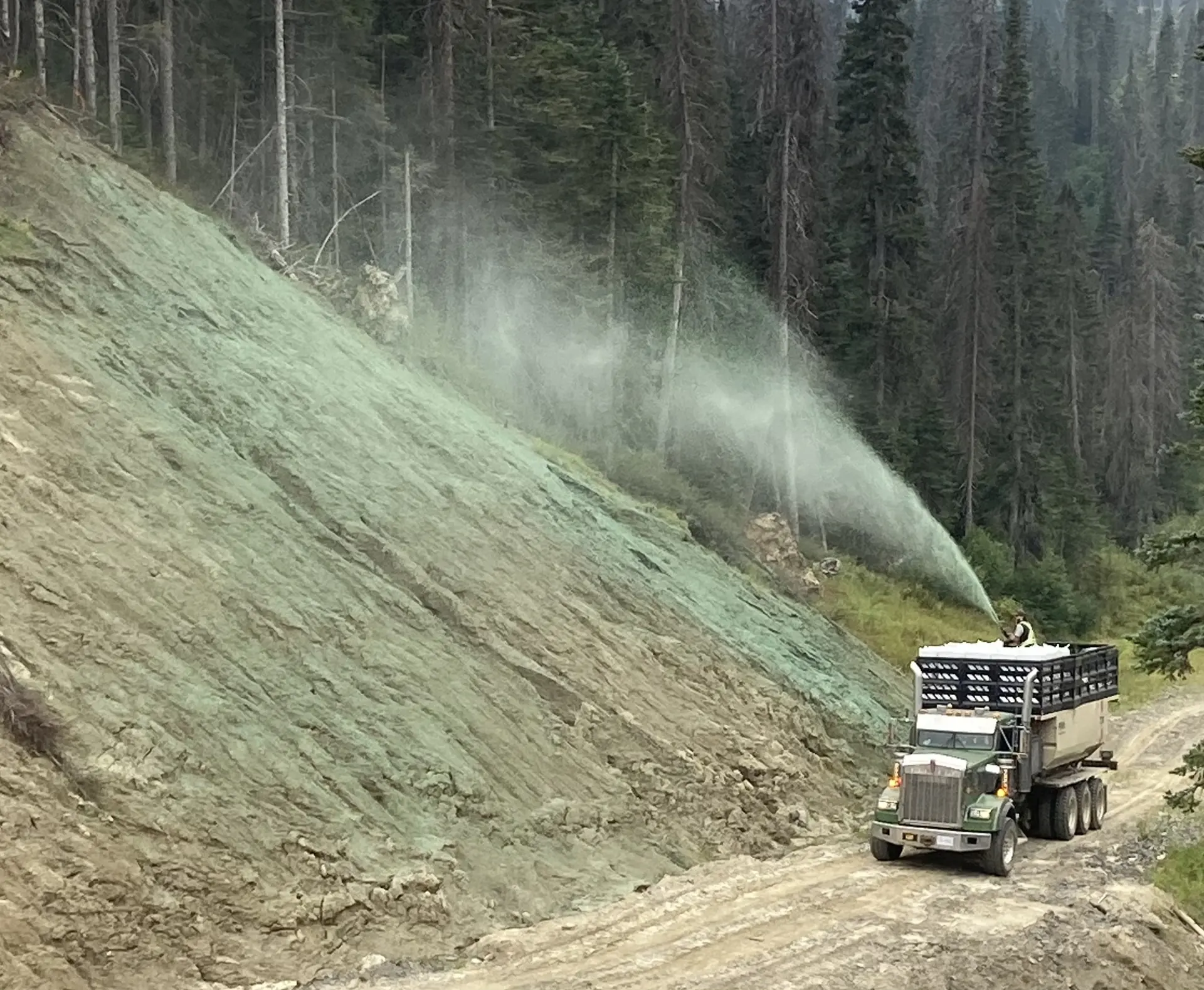 Crew working a prepared slope in coastal British Columbia